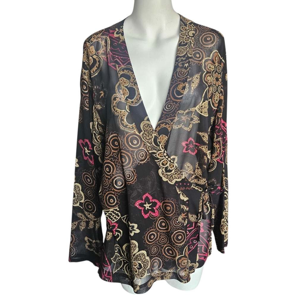 Chico's Brown Metallic Gold Floral Wrap Blouse 100% Silk Sz 3 (16/XL)